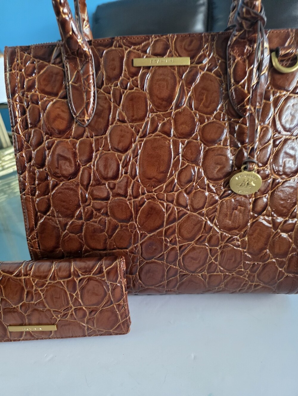 New Brahmin Caroline Set Cognac Croc-Embossed